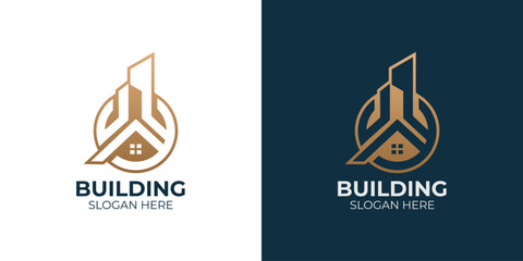 Real Estate Building Logo Design with Modern House and Skyscraper Silhouette in Circular Frame