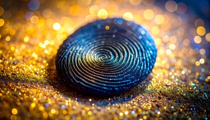 a vivid blue snail curled up in the center of a glittery background of gold and blue lights