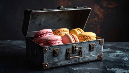 a vintage suitcase filled with colorful macarons