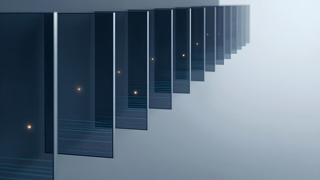 Staggered glass panels banner background with gradient copy space, layers of networking server information for firm creation briefing, beginning review, conceptual innovation report presentation
