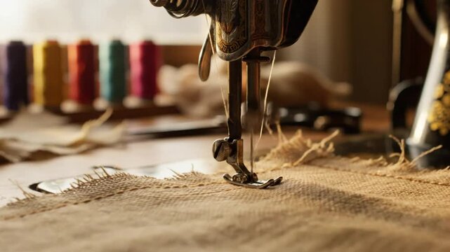Close-up of antique sewing machine stitching burlap fabric, illustrating traditional craftsmanship and sewing processes