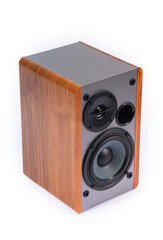 Wooden bookshelf speaker isolated on a white background. A classic Hi-Fi audio device featuring a black woofer, tweeter, and bass port on a grey baffle.