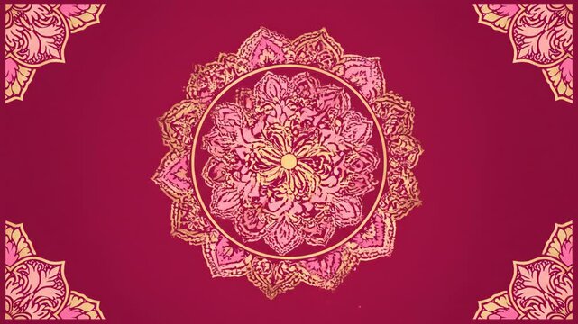 Decorative mandala design with floral elements, and gold on magenta background.
