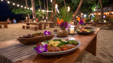 Tropical Beach Feast with Colorful Dishes and Tiki Torches Illuminating a Sandy Setting at Night