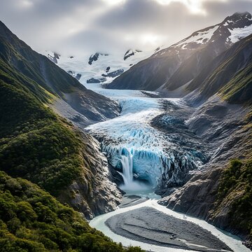 Majestic Glacier Carving Through Mountain Valley Landscape.