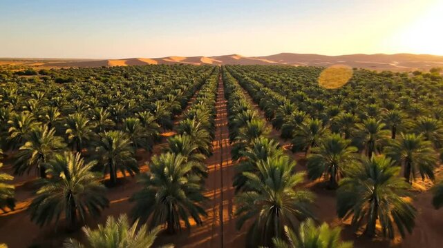 Aerial view of a vast date palm plantation at sunrise in the desert, a beautiful agricultural landscape