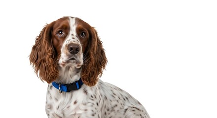 Focused Springer Spaniel with Blue Collar on White Background.