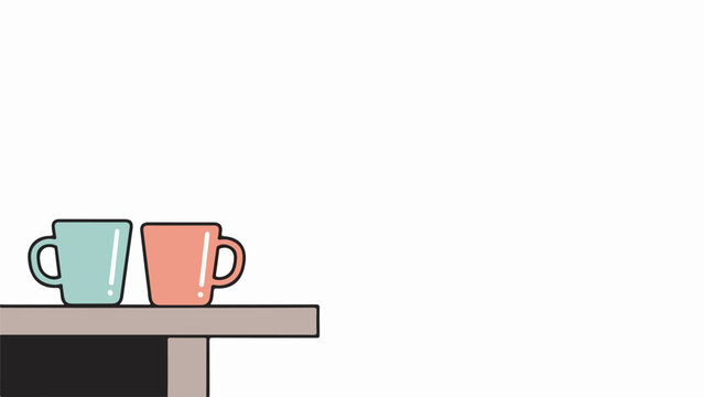 Two ceramic mugs, one light blue and one soft pink, on a rectangular table with a muted pink surface