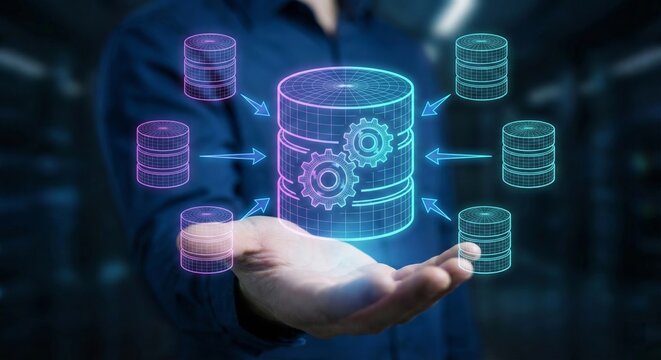 Big data integration and cloud computing concept with businessman hand holding glowing holographic database structure, gears for automation processing, server storage analytics, and system optimizatio