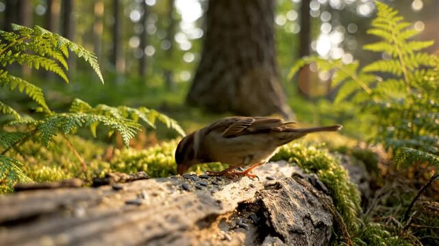 Small sparrow bird perched on a moss covered fallen log in the sunlit forest, close-up nature scene