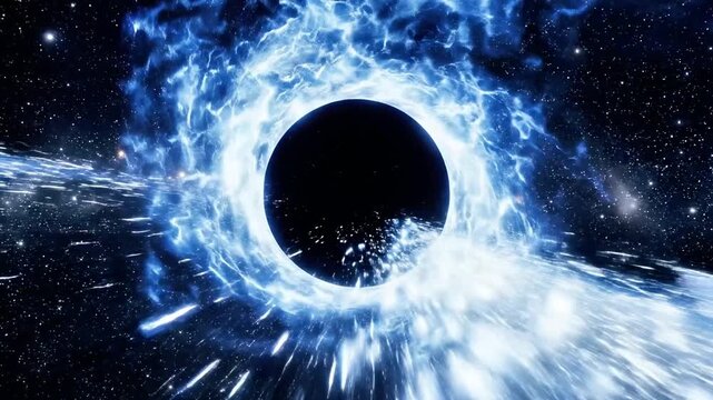 A swirling blue-black hole in space with bright light emanating from it