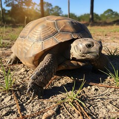 Gopher Tortoise Stares Intently in Natural Habitat.