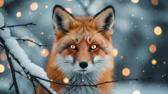Red fox in winter wonderland at night. Wildlife nature scene with glowing eyes and bokeh lights for pagan holidays.