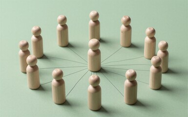 Obraz premium Wooden figures circle a central figure, symbolizing unity and leadership.