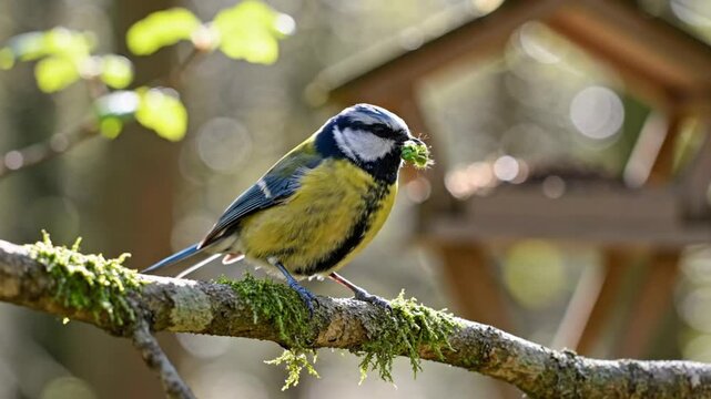 European blue tit bird perched on branch with a green worm in its beak flying away to feed its chicks in the forest