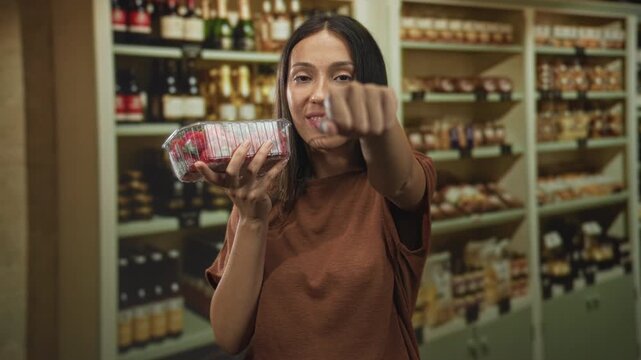 Young brunette woman holding strawberries and pointing fist inside building; confidence healthy choice snack.