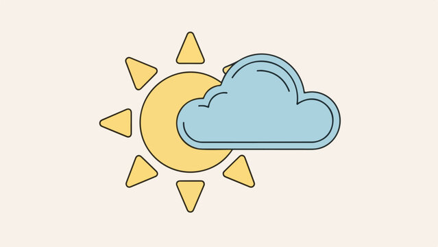 Illustration of a bright yellow sun with sharp rays and a soft light blue cloud on a transparent background