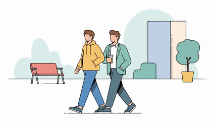 Fototapeta premium Two men walking and talking outdoors with a red bench and potted plant