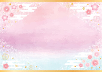 Pink to light blue watercolor texture background with cute plum blossoms and Japanese patterns