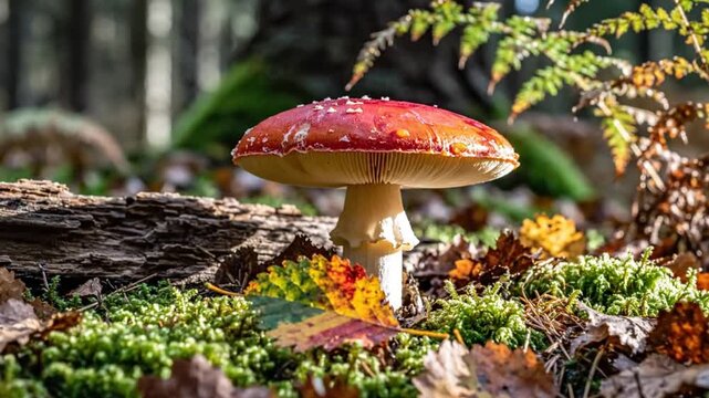 Fly agaric mushroom in a forest with autumn leaves and moss, beautiful woodland scene and details.