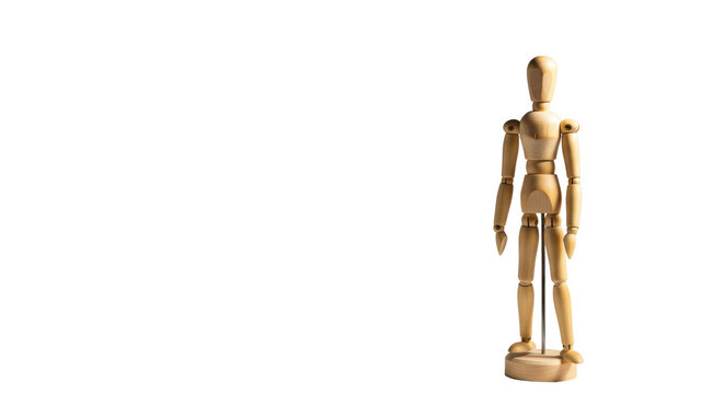 A polished wooden artist's mannequin in a contrapposto stance on a minimalist white background with ample copy space, concept of creativity and human potential