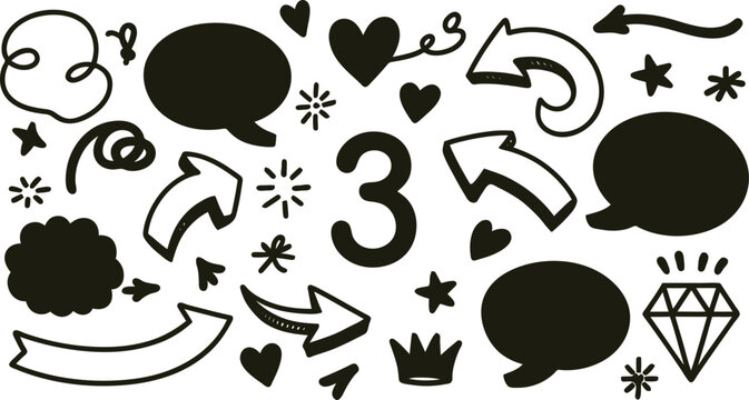 Collection of various black doodle icons and symbols on white background for design