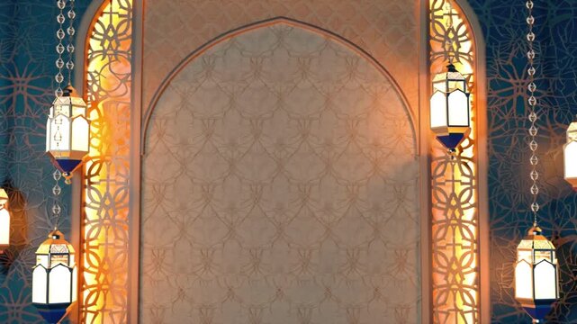 Islamic decorative background with hanging lanterns and arched entryway for Ramadan or Eid celebrations