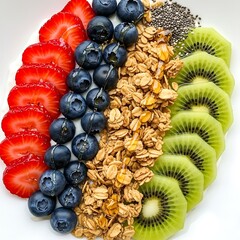 Healthy Breakfast Bowl - Strawberries, Blueberries, Kiwi, Granola, and Chia Seeds.