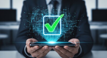 Businessman holding smartphone projecting holographic green checkmark symbol, for digital verification, successful task completion, quality control, reliable data processing, technological