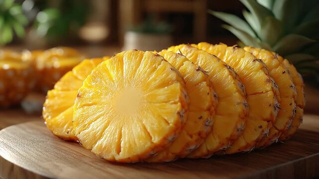 Pineapple Slices: A close-up shot captures the vibrant texture of freshly sliced pineapple, arranged on a wooden cutting board, presenting a tropical fruit experience.