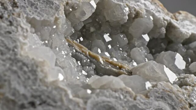 Close-up of a glittering geode with a cluster of shiny quartz crystals inside its stony exterior