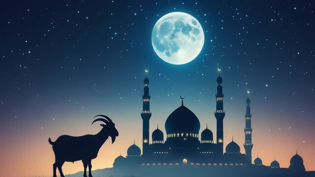 Eid al-Adha Full Moon Night Over Mosque and Goat
