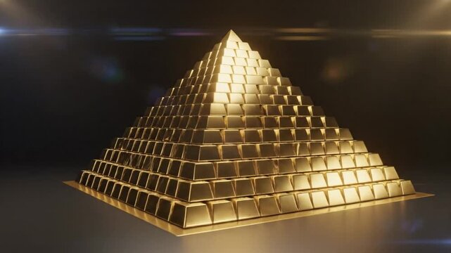 Luxurious 3D render of a pyramid made entirely of gold bars with reflective surface and dramatic lighting