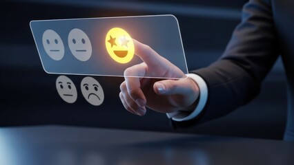 Businessman's hand touching glowing happy star-eyed emoji on virtual satisfaction rating interface, for excellent customer service, positive feedback, quality assurance, high online