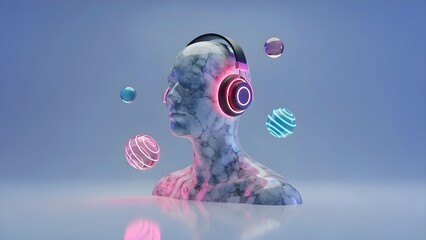 Abstract 3D render of a textured human bust wearing glowing headphones, surrounded by colorful orbs on a reflective surface with soft ambient lighting
