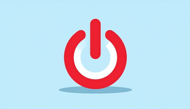 Red power button icon on a light blue background, simple design.
