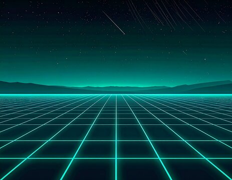 Retro Futuristic Grid Landscape with Teal and Cyan Colors and Shooting Star.