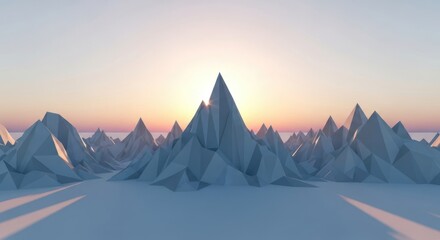 Geometric low-poly mountain range illuminated vibrant sunset glow, casting long shadows across minimal terrain, for abstract concepts digital exploration technological advancement