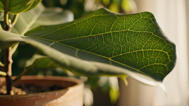 Close-up of a vibrant fiddle-leaf fig tree leaf with veins, showcasing natural beauty and growth