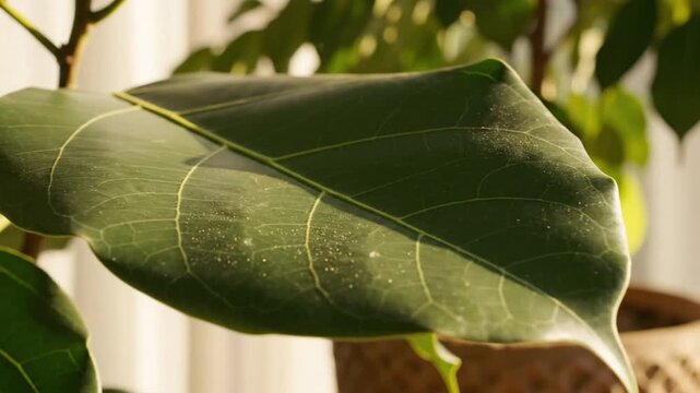 Close-up of a vibrant green ficus leaf with delicate details illuminated by sunlight creating natural beauty.