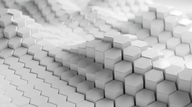 Abstract white hexagonal pattern background with a subtle wave effect, creating depth.