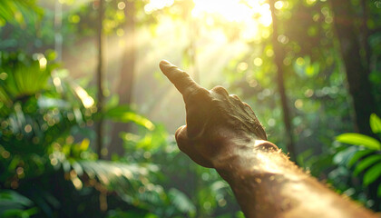 Obraz premium Hand reaching towards sunlight in a lush forest environment viewed from a low angle