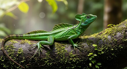 Emerald Gaze - A Green Basilisk Lizard on a Mossy Branch.