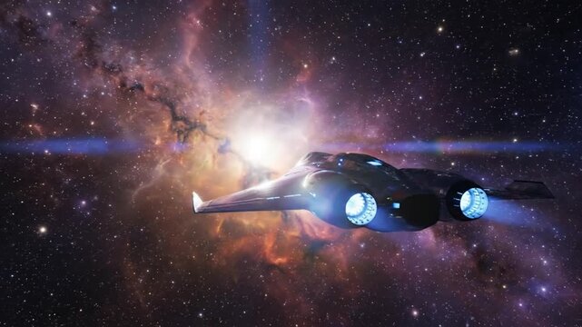 Futuristic spaceship soaring through vibrant nebula and starry space with bright blue engine lights