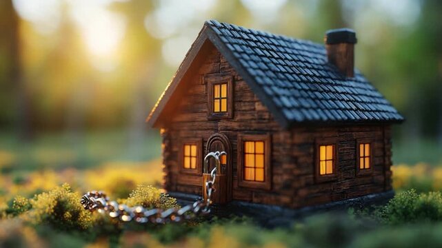 Cozy Cabin of Dreams: A miniature wooden cabin, nestled amidst vibrant greenery, exudes warmth as its windows glow invitingly. The scene evokes a sense of tranquility.