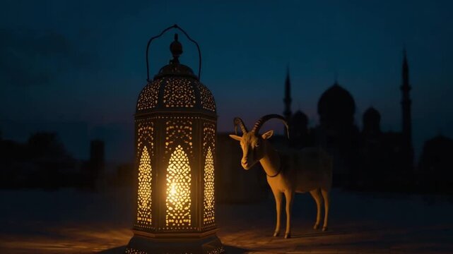 Eid al-Adha Lantern Glow With Goat in Peaceful Night
