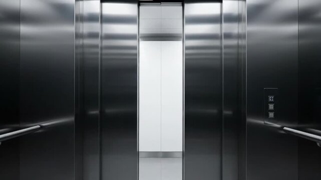 Modern elevator with stainless steel interior, open doors, and bright lighting.