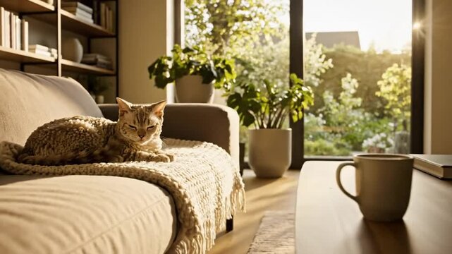 Devon Rex cat relaxing on a sofa bathed in warm sunlight by a window with plants and coffee cup