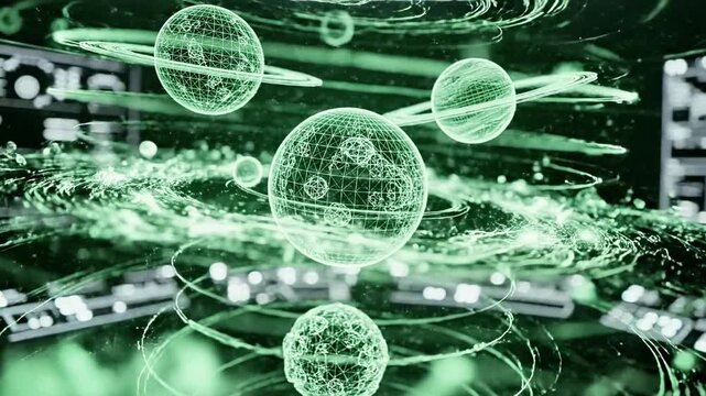 A futuristic digital artwork featuring glowing green orbs with network-like patterns, surrounded by swirling lines and neon-like streaks against a dark background with faint technological elements