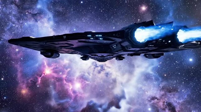 A futuristic spacecraft's underside floats in space with a vibrant nebula and stars